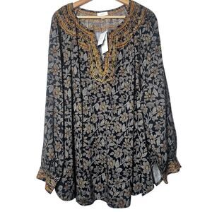 J Jill Pure Jill 4X Navy Floral Embellished Tunic Top Boho Long Sleeve Blouse